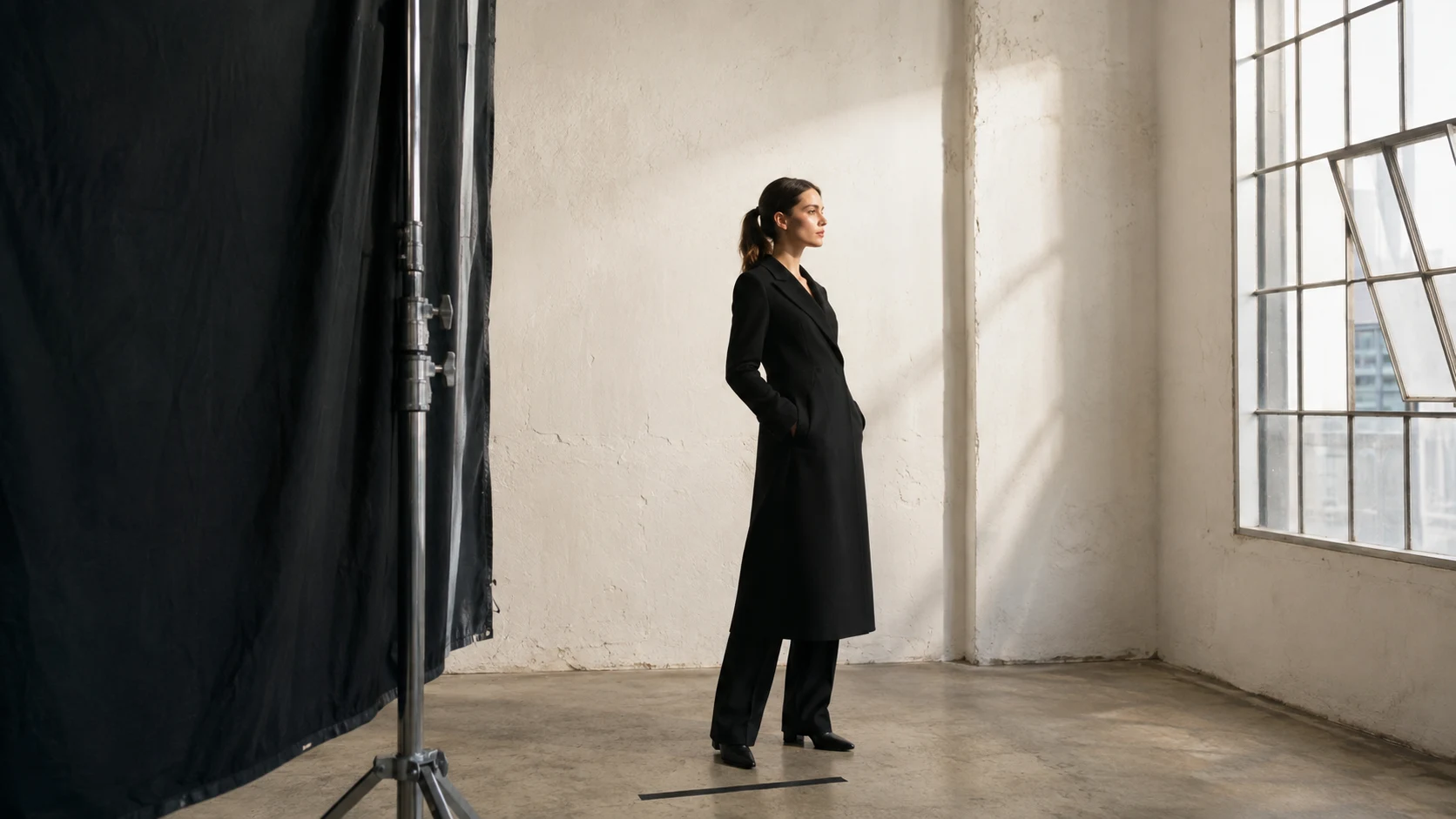 A fictional performer in a black coat beside a studio window and lighting flag, an AI-generated editorial study