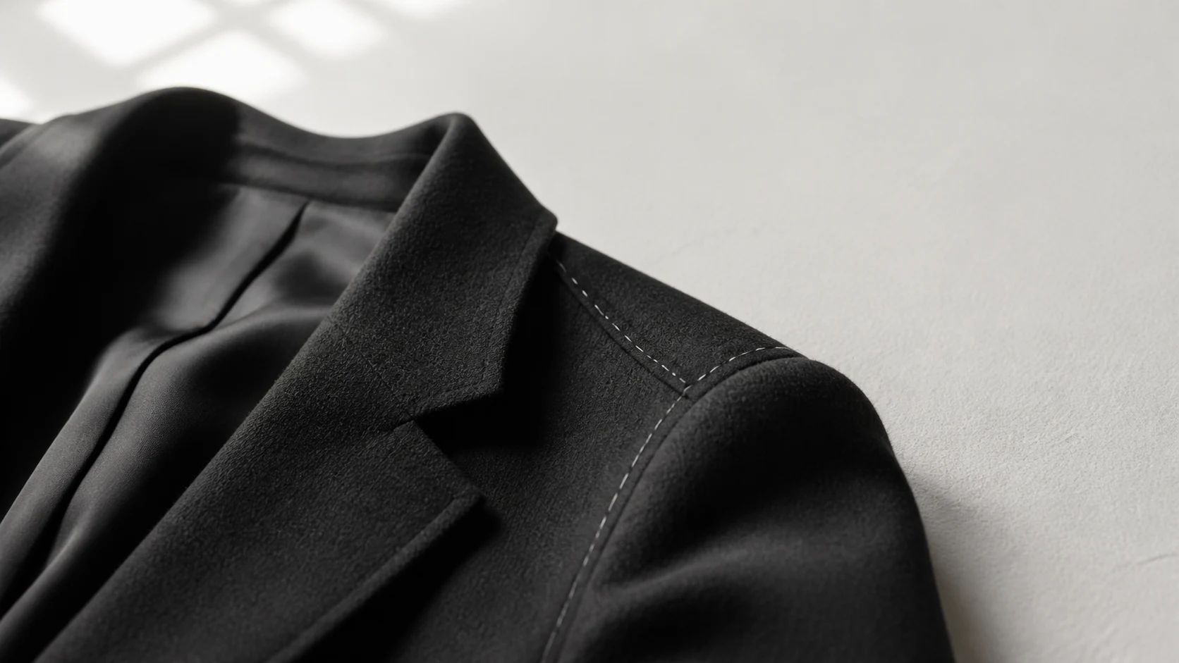 Close-up of black wool, a tailored lapel and white basting stitches on an ivory table, an AI-generated material study